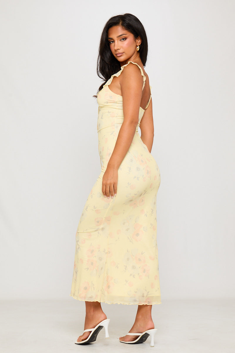 Grezam | Women’s Yellow Floral Slip Maxi Dress Frill Detail Summer Dress