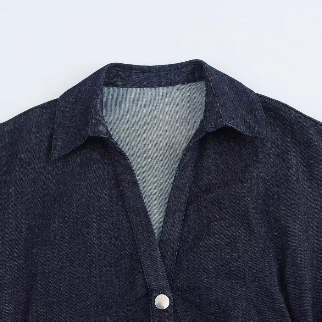 Grezam | Women’s Denim Midi Dress Cotton Blend Comfort Slim Fit Elegant