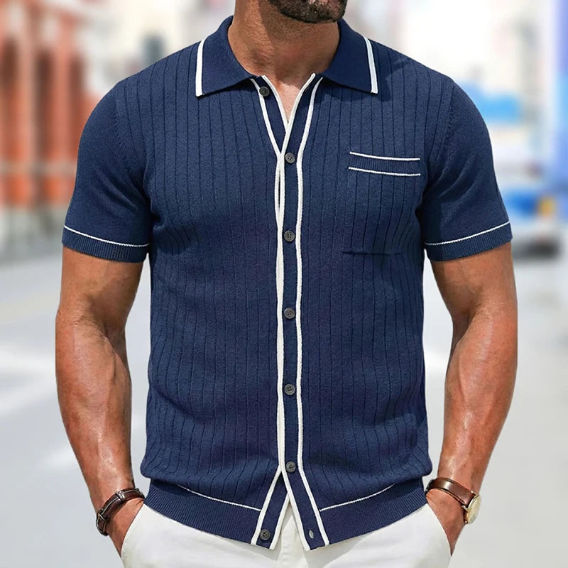 Grezam | Men’s Knitted Polo Shirt Classic Striped Summer Style
