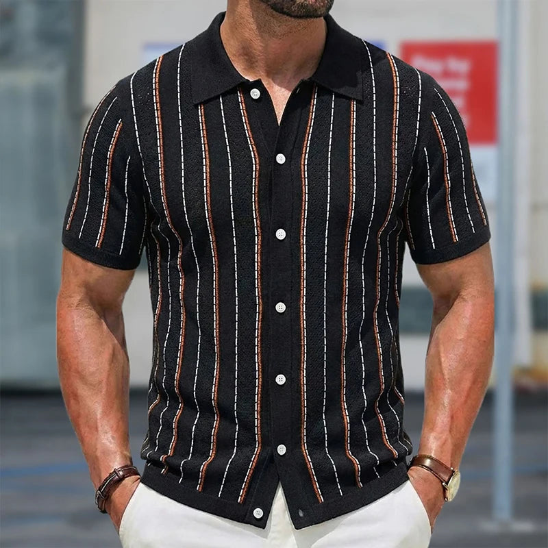 Grezam | Men’s Knitted Polo Shirt Classic Striped Summer Style