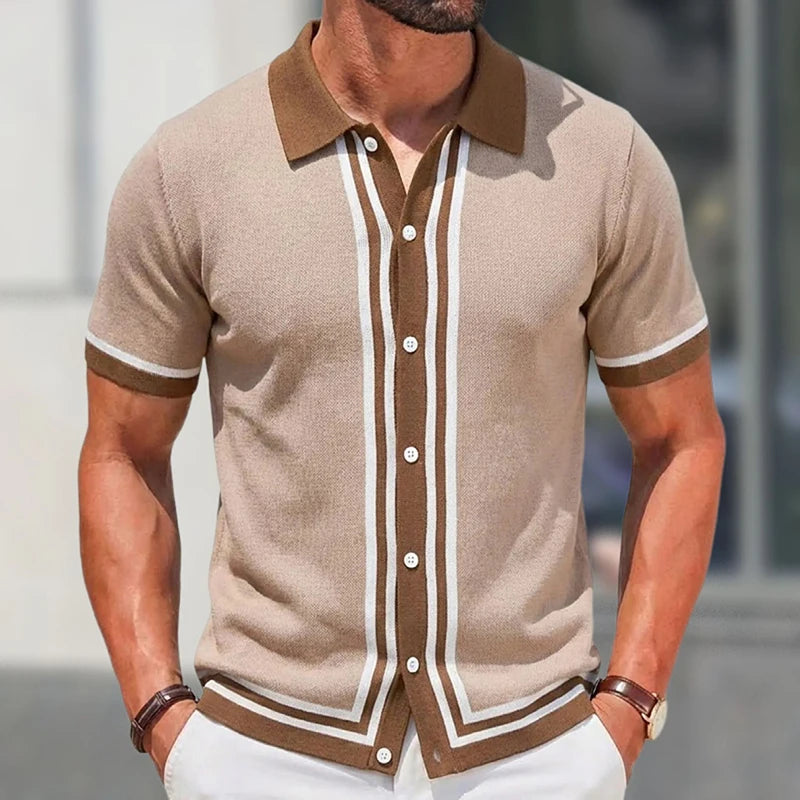 Grezam | Men’s Knitted Polo Shirt Classic Striped Summer Style