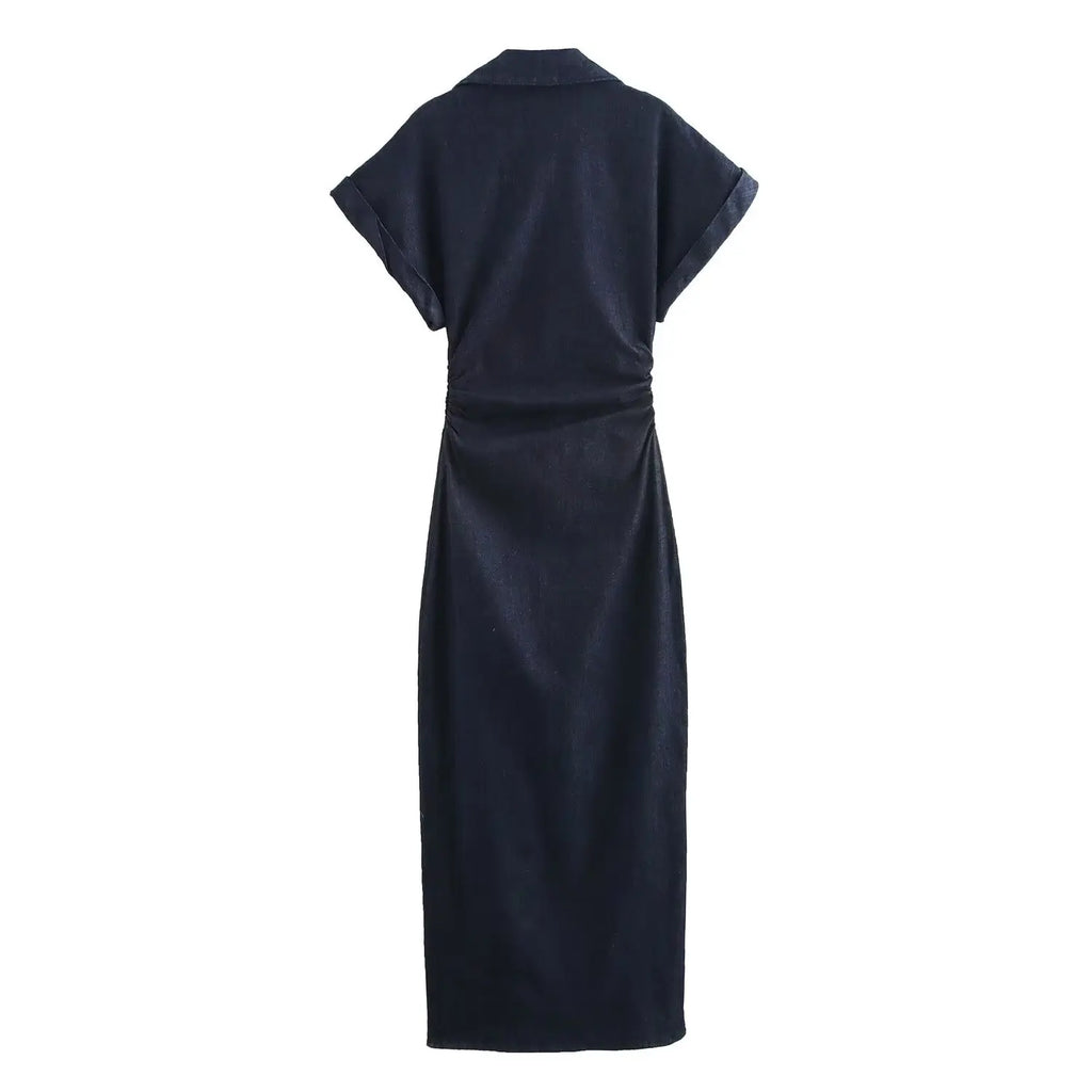 Grezam | Women’s Denim Midi Dress Cotton Blend Comfort Slim Fit Elegant
