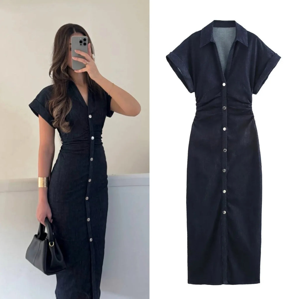 Grezam | Women’s Denim Midi Dress Cotton Blend Comfort Slim Fit Elegant