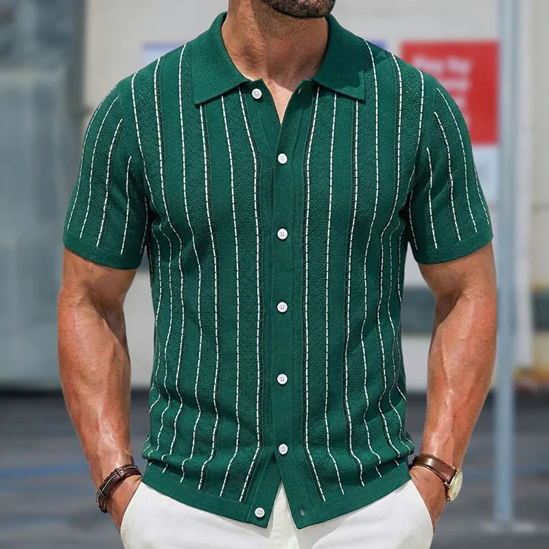 Grezam | Men’s Knitted Polo Shirt Classic Striped Summer Style