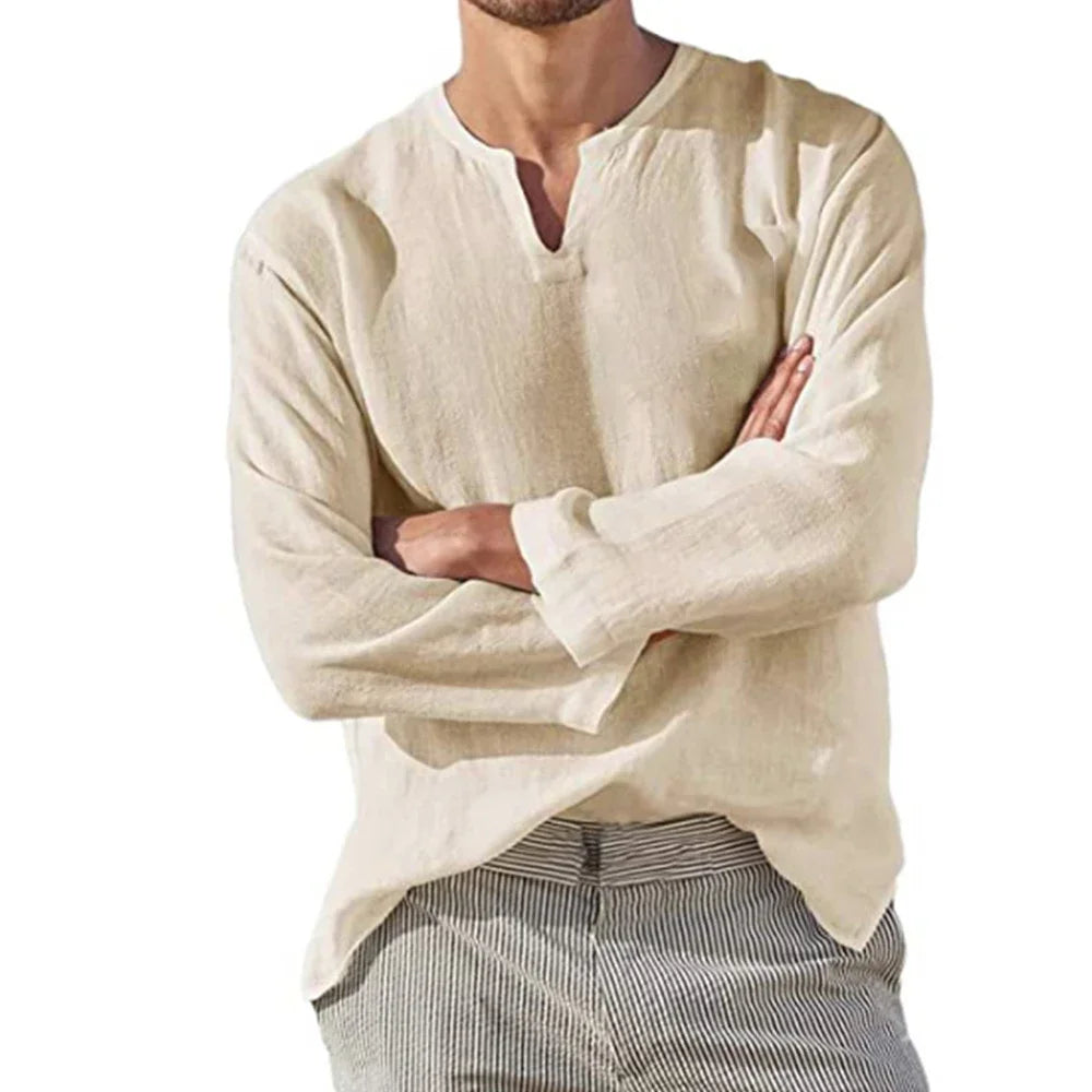 Grezam | Men’s Linen Cotton Shirt Breathable Comfort Long Sleeve Casual Fit