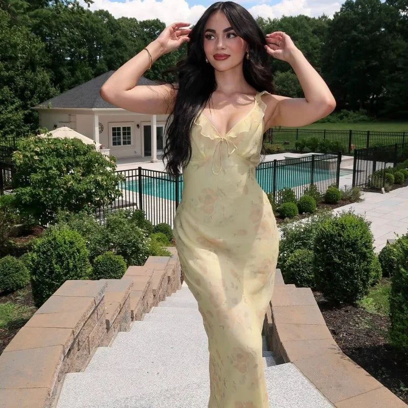 Grezam | Women’s Summer Maxi Dress Sexy Plunge Sun Dress Casual