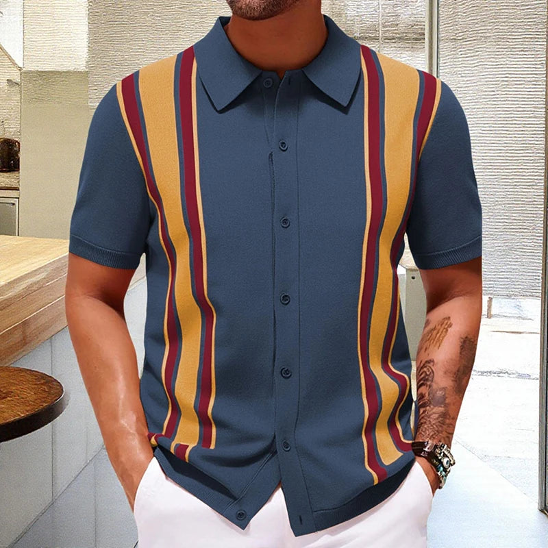 Grezam | Men’s Knitted Polo Shirt Classic Striped Summer Style