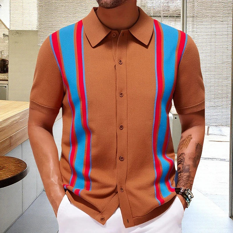 Grezam | Men’s Knitted Polo Shirt Classic Striped Summer Style