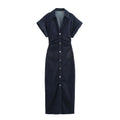 Grezam | Women’s Denim Midi Dress Cotton Blend Comfort Slim Fit Elegant