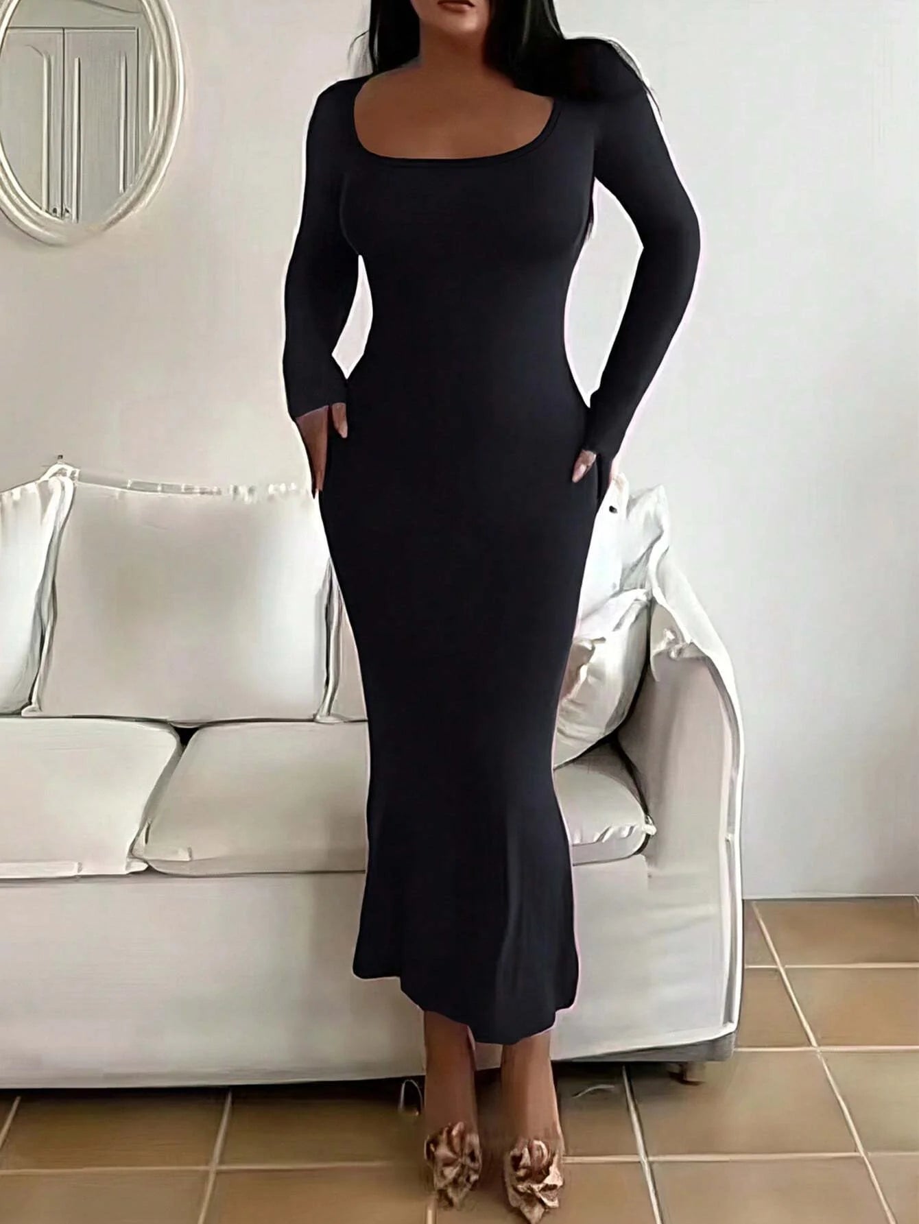 Grezam | Women’s Dress Long Sleeve Bodycon Comfort Minimalist Maxi