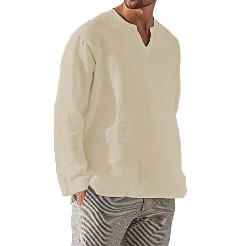 Grezam | Men’s Linen Cotton Shirt Breathable Comfort Long Sleeve Casual Fit