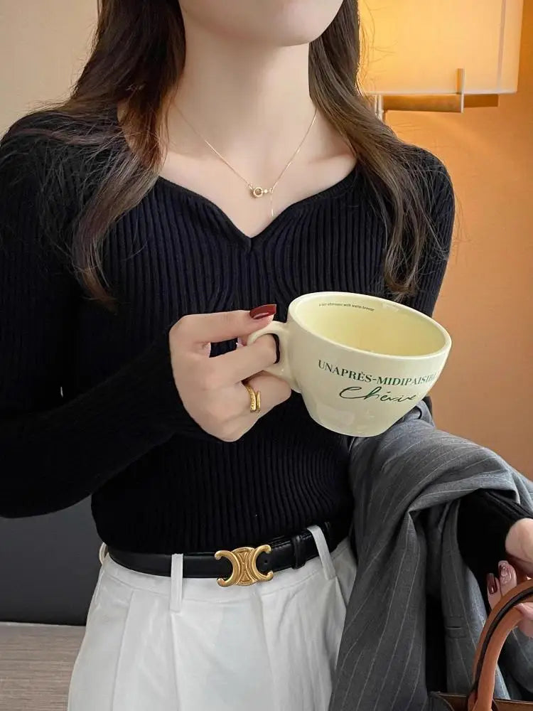 Grezam | Women’s Sweater Ribbed Knit Comfort Slim Fit V-Neck Pullover