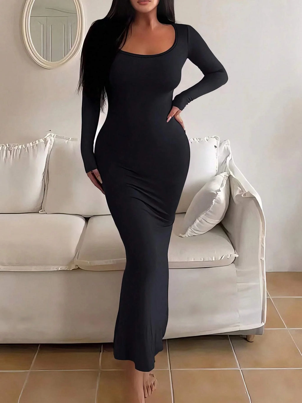 Grezam | Women’s Dress Long Sleeve Bodycon Comfort Minimalist Maxi