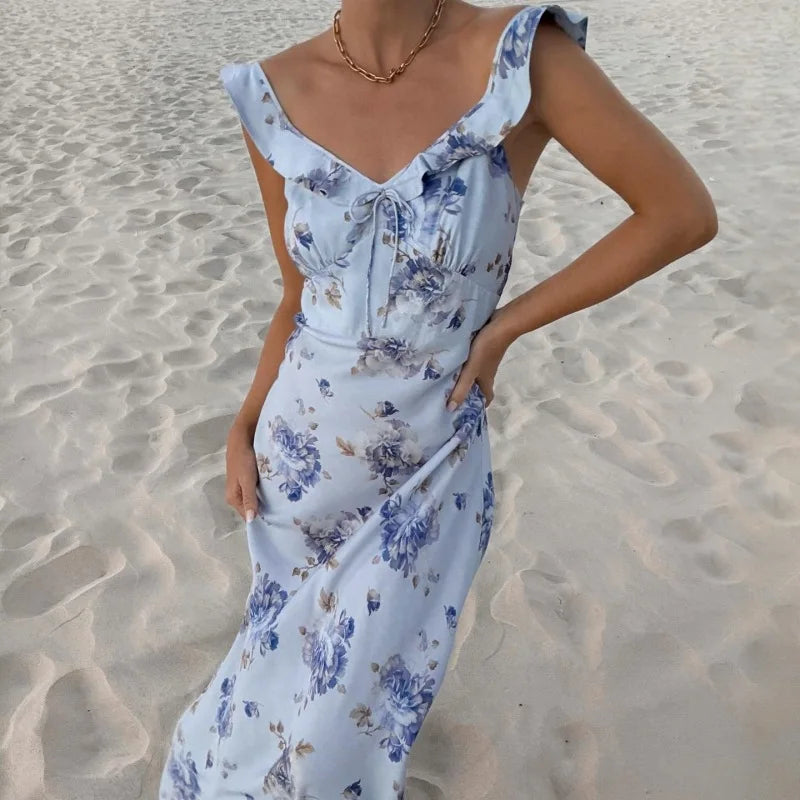 Grezam | Women’s Summer Maxi Dress Sexy Plunge Sun Dress Casual