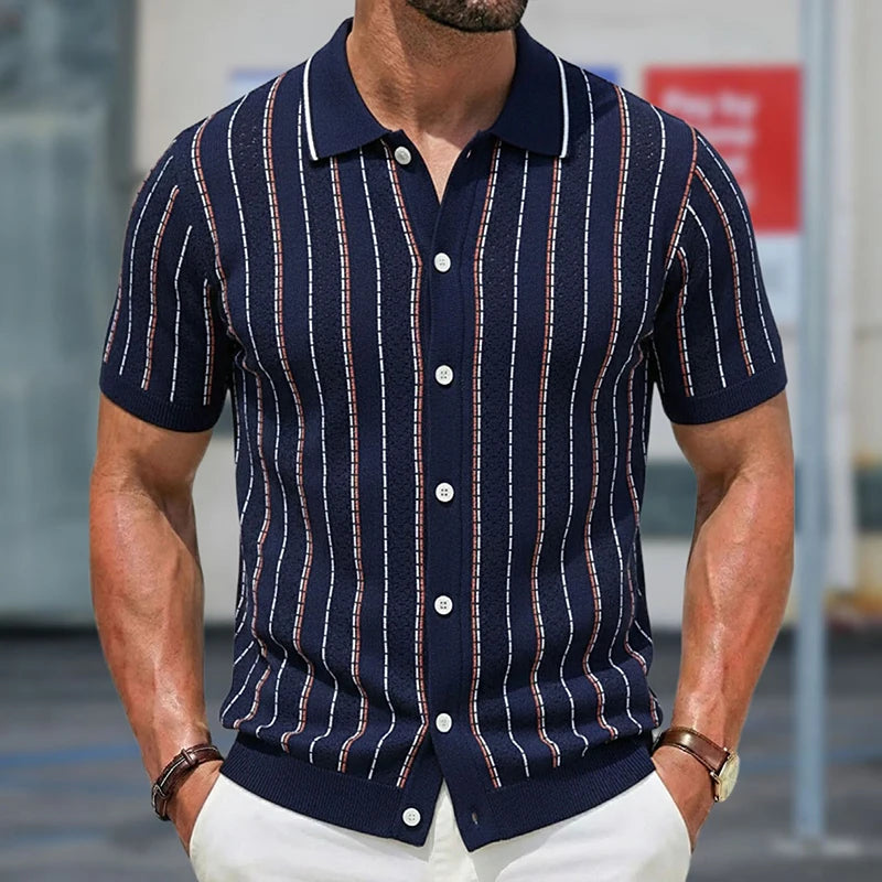 Grezam | Men’s Knitted Polo Shirt Classic Striped Summer Style
