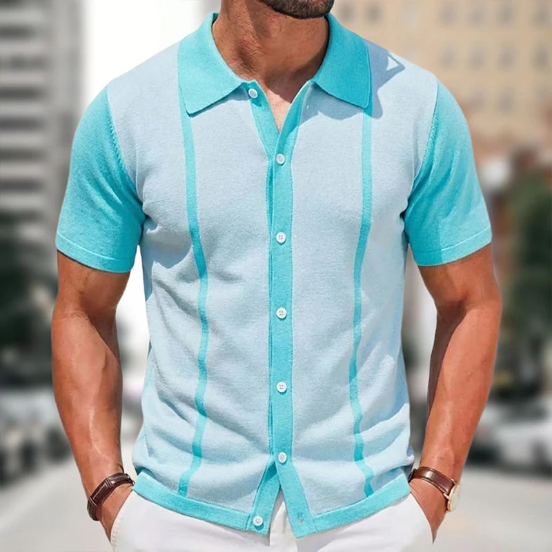 Grezam | Men’s Knitted Polo Shirt Classic Striped Summer Style